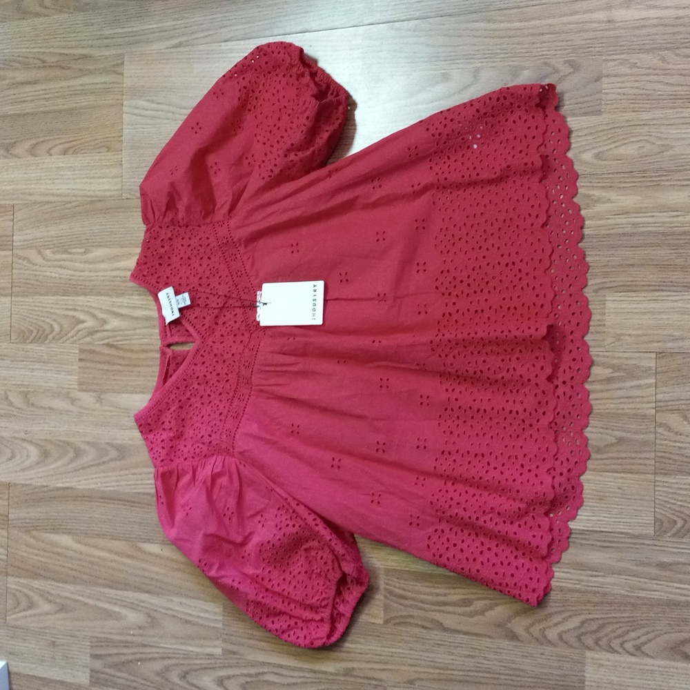 Fuchsia Colored Eyelet Blouse With V Neck And Key Hole Button Closure On Back